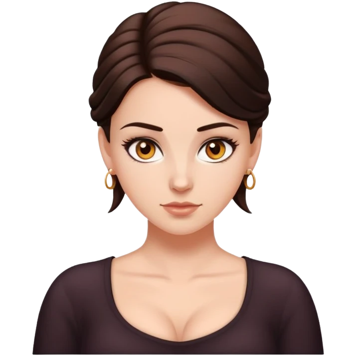 white girl. Breast size 2. Hair up to the chest, dark brown. Amber eyes emoji