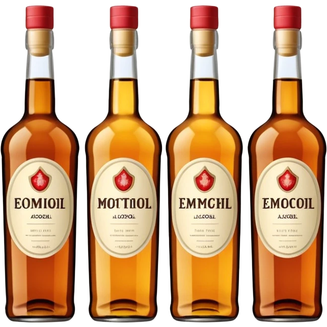 Four bottles of alcohol, each with distinct shapes and labels, arranged neatly in a row. The bottles should vary in color and size, with detailed labels and caps. emoji
