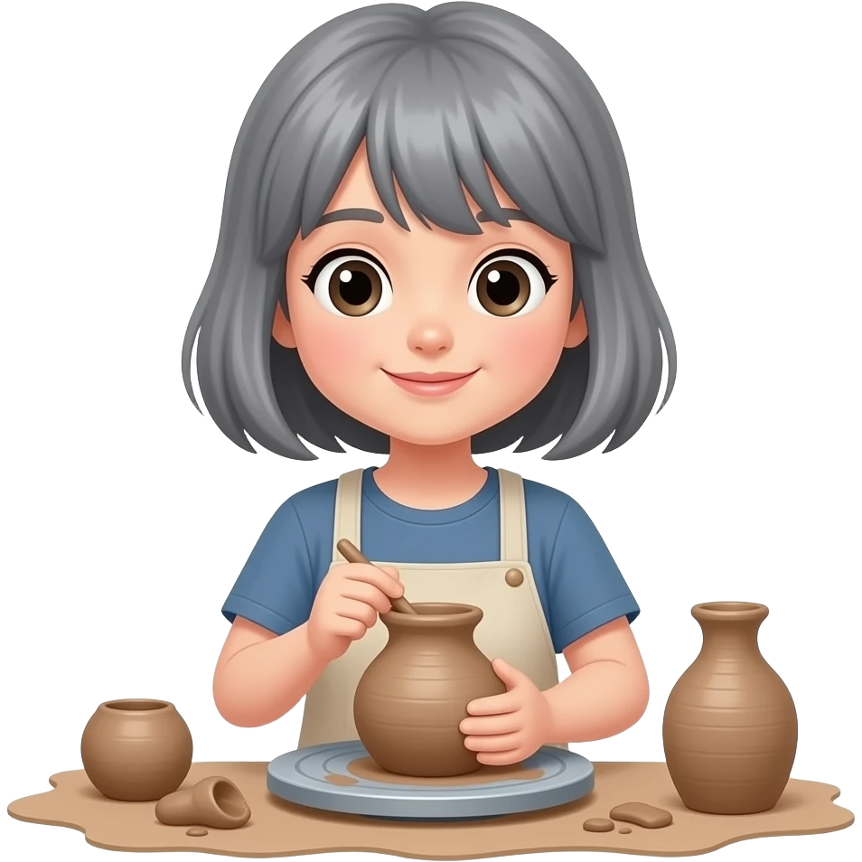A girl with grey hair slab building pottery emoji