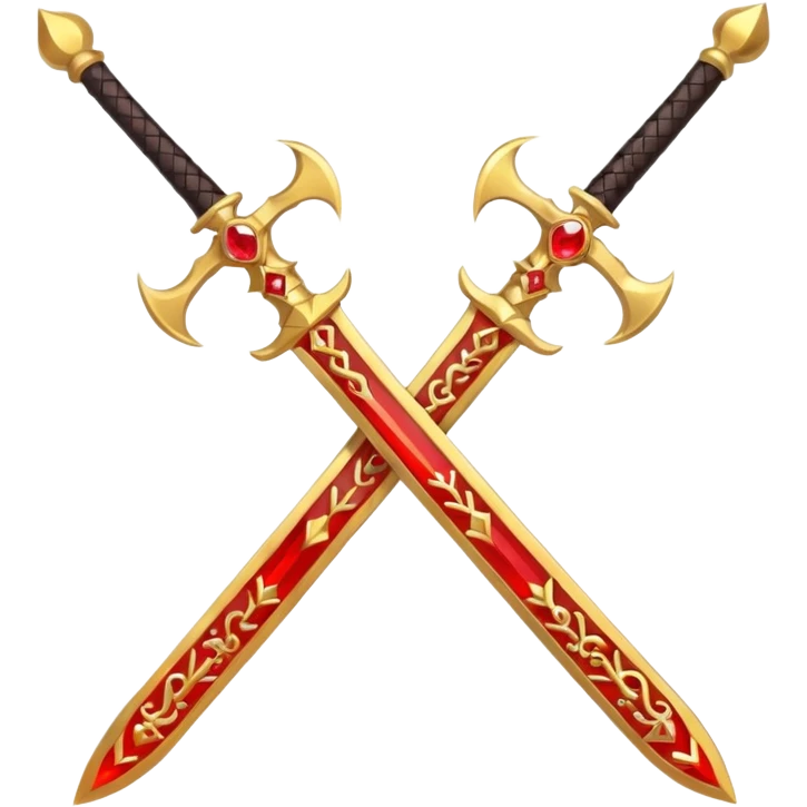 Two crossed swords that are golden in blade and handle and have fiery and royal appearence to them as well as red gem stones yellow in color emoji