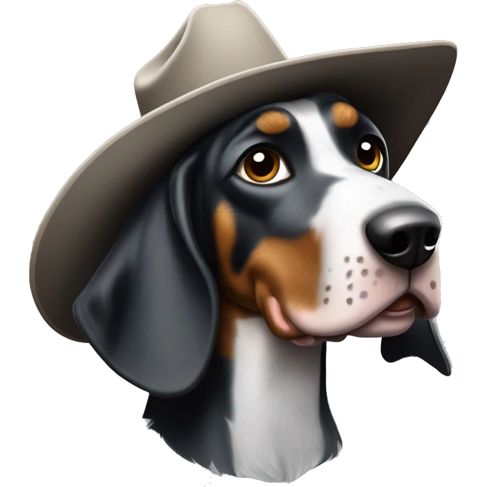 Black and white bluetick coonhound wearing a cowboy hat  emoji