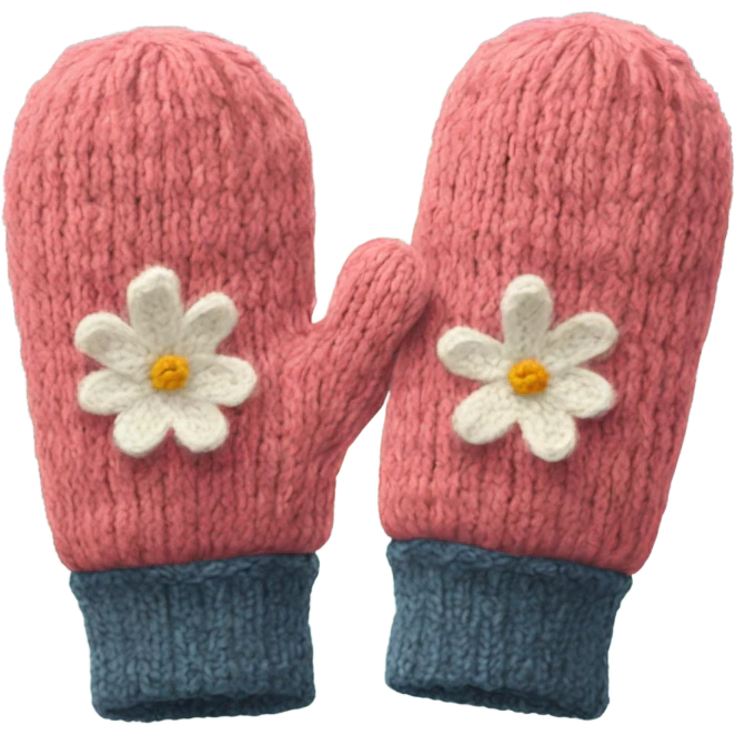 A pair of cozy knitted mittens with a bloom design emoji