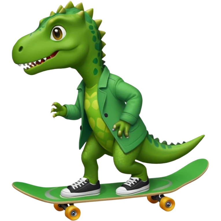 a dinosaur on a skateboard wearing a coat with sneakers in the bottom emoji