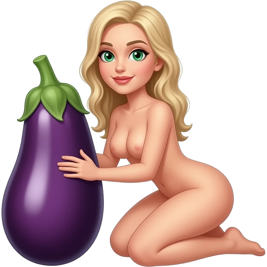 Topless blonde women huge boobs green eyes nude on her knees with eggplant emoji