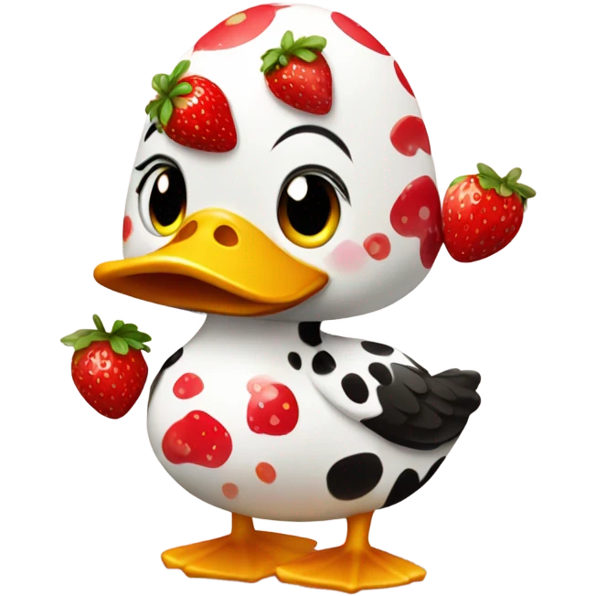 a duck dressed up as a strawberry cow emoji