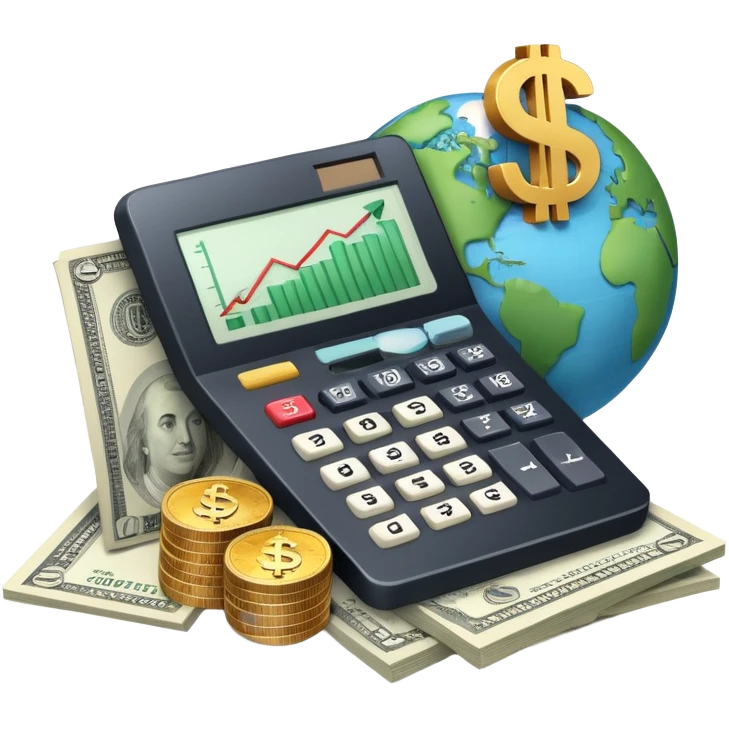An icon featuring a calculator, a dollar sign, and a chart with upward trends, symbolizing economics. The design includes coins, bills, and a globe, representing global trade and financial systems. Transparent background highlights the study of markets, supply, and demand. emoji