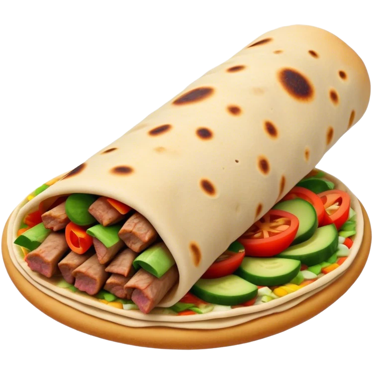 Cinematic Realistic Shawarma Dish Emoji, showcasing spiced, succulent meat wrapped in flatbread with fresh vegetables rendered with lifelike detail and dynamic, appetizing lighting. emoji