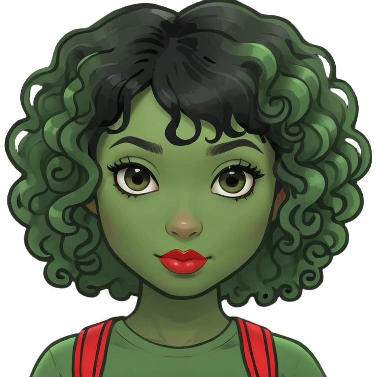 zombie girl with curly black hair and red streaks, memoji style, cute appearance emoji