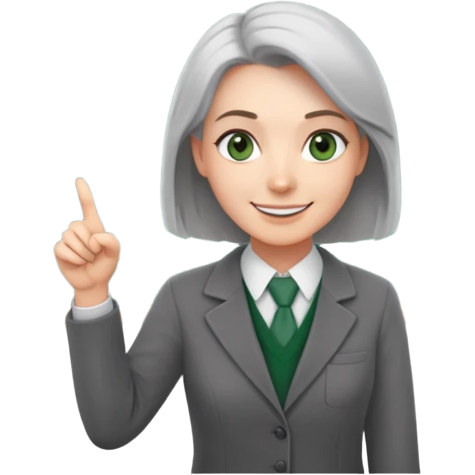 smiling English teacher with airtouch hair and grey-green eyes pointing at a chalkboard with present simple tense table emoji