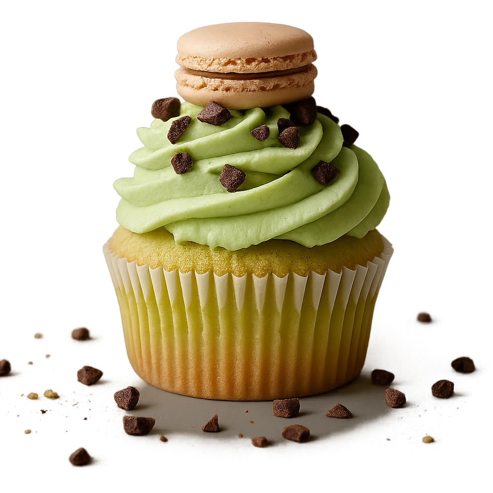 Change the icing to pistachio (light green), keep the realistic cupcake and accessories, photorealistic style, transparent background. Maintain the photorealistic look and details of the cupcake and accessories with a light green pistachio icing. Remove the background to make it transparent. emoji