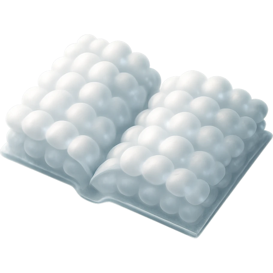 thick open book viewed from above, fully composed of small, very bright white, fluffy, convex clouds, matte glass style emoji