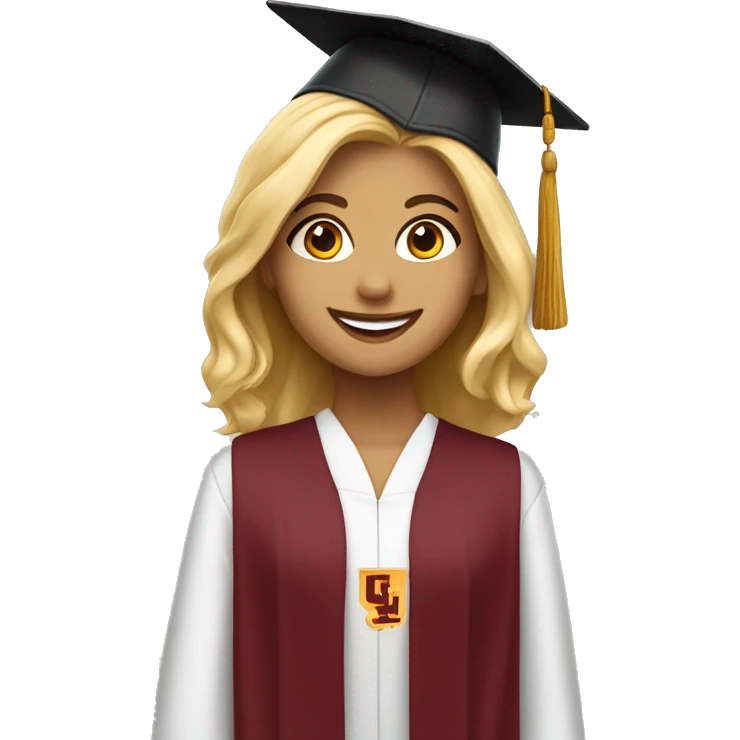 Blonde girl smiling wearing university of Chicago Loyola grad cap emoji