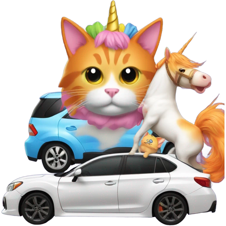 An orange cat driving an STI Subaru with a unicorn as it’s passenger emoji