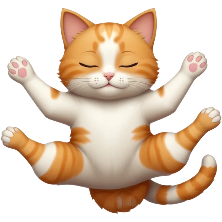 ginger and white small cat eyes closed lying down upside down with paws stretched out straight in different directions emoji