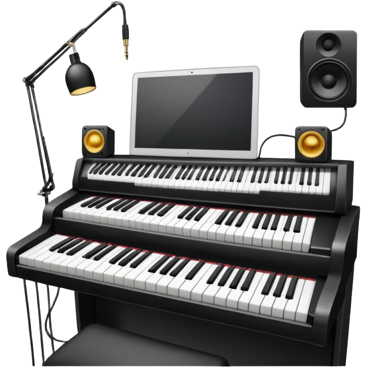 music studio with piano keyboard, computer screen, and audio cables emoji