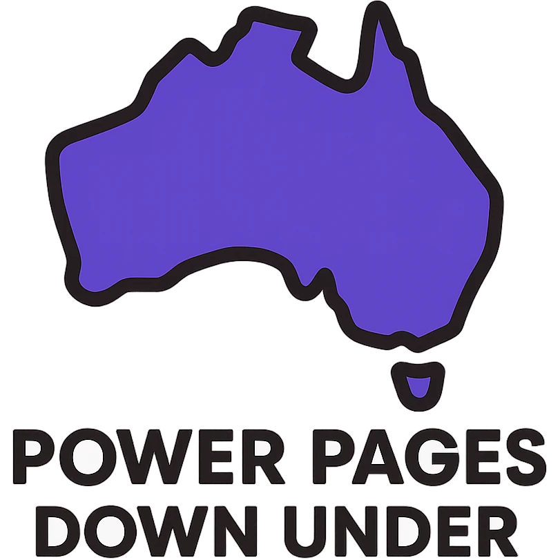 modern clean icon of Australia map with no border, text 'Power Pages Down Under' in bold geometric font, color scheme #403DAD, vibrant purple, #fff7ad, no Power Pages icon, no digital overlays emoji