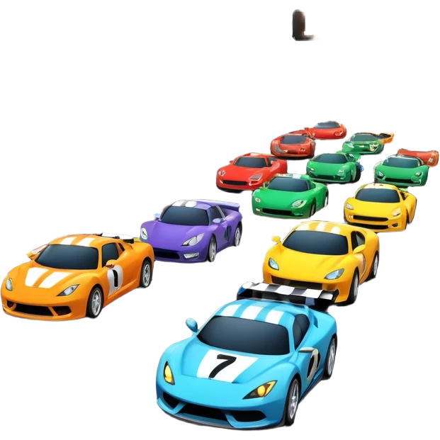 grandstands filled with cheering crowds, checkered flags waving, and traffic lights signaling the start, with a thrilling atmosphere of anticipation and speed. Sporty cars and motorcycles lined up at the starting line, ready to race, with a vibrant racetrack in the background. emoji