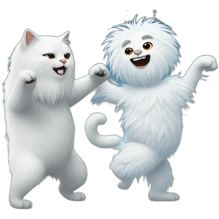 cat dancing with a white yeti in a snowy landscape emoji