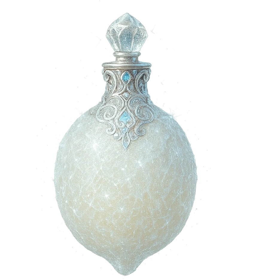 luxurious crystal elixir bottle in frozen lemon shape, frosty pale yellow color, ornate silver and iridescent details, even more icy and sparkling effects, magical glowing, very small neck, seamless bottom, bottle clearly floating in air, no base or shadow, modern, collection style, transparent background emoji