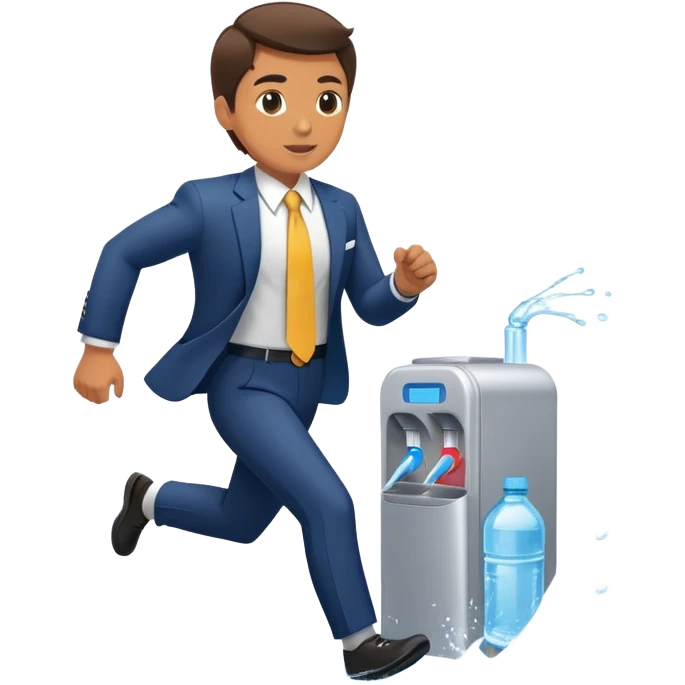 Business executive running marathon in suit next to water cooler emoji