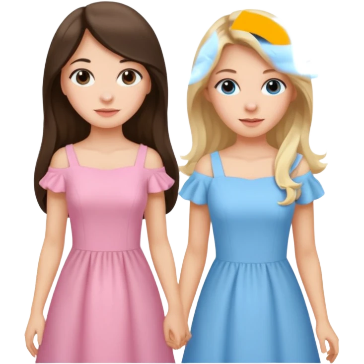 long hair brunette girl in light pink dress and blonde girl in light blue dress emoji