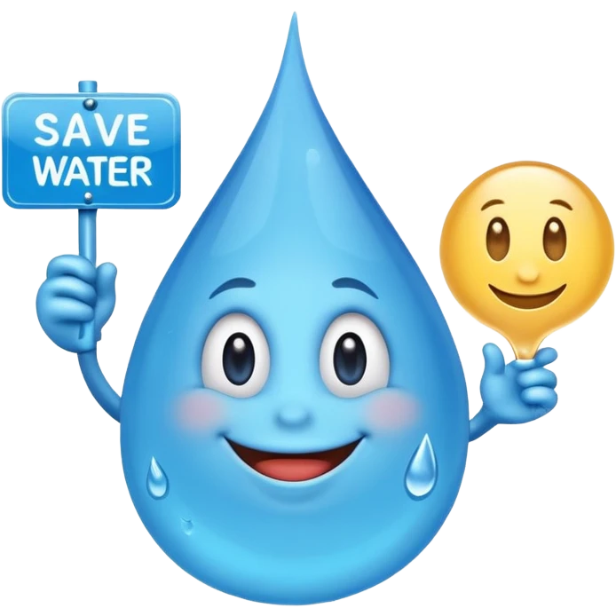 A smiling cartoonish, blue water, droplet character holding a sign saying, save water save money emoji