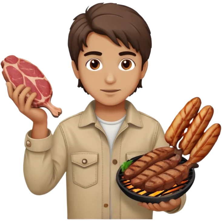 Turkish beautiful finish Konya boy good hair and brown eyes with beige denim clothes and had on his hand grilled meat emoji