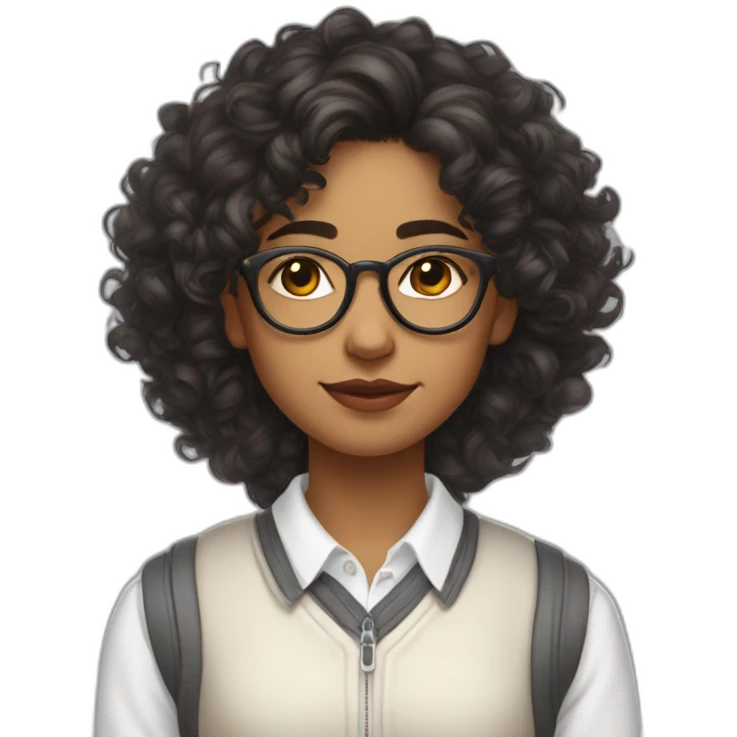indian teenage girl with curly hair and glasses wearing a collared long sleeve white shirt under a white sweatervest emoji