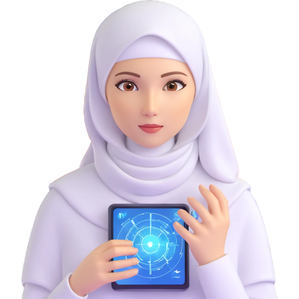 woman with white hijab wearing blue outfit, working with futuristic screens showing advanced holographic interfaces, AI visualizations, quantum data patterns, circuit networks, high-tech metaverse elements emoji