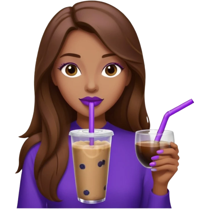 girl with long brown hair and wine lipstick drinking a blueberry butter pecan iced coffee with a purple straw  emoji