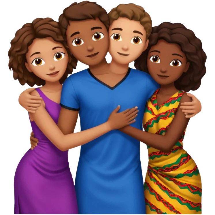 one american italian young brown-haired man surrounded by three african women with large butts hugging him and each other and massaging his crotch emoji