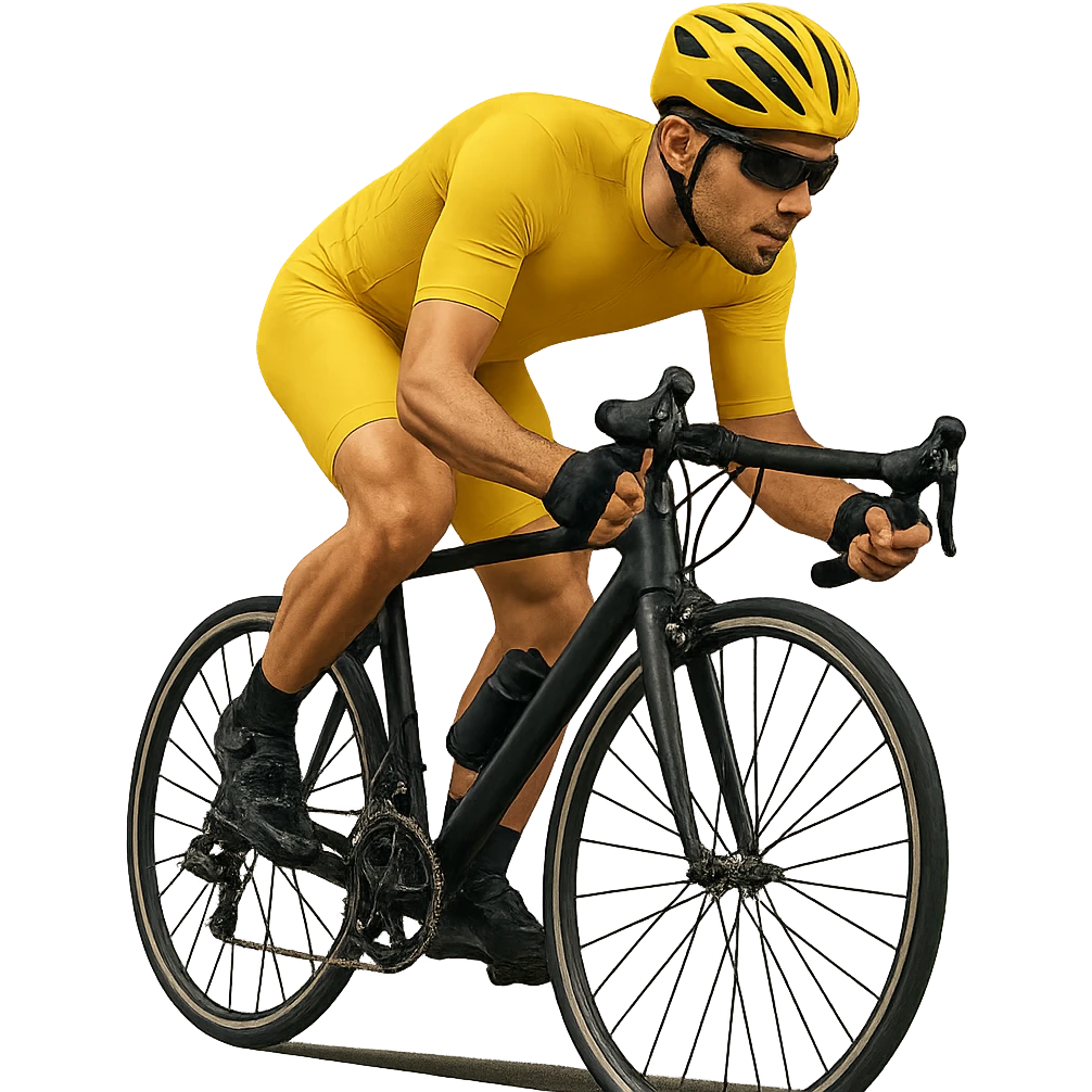 Add a helmet to the cyclist wearing a yellow outfit. Keep the background transparent. emoji