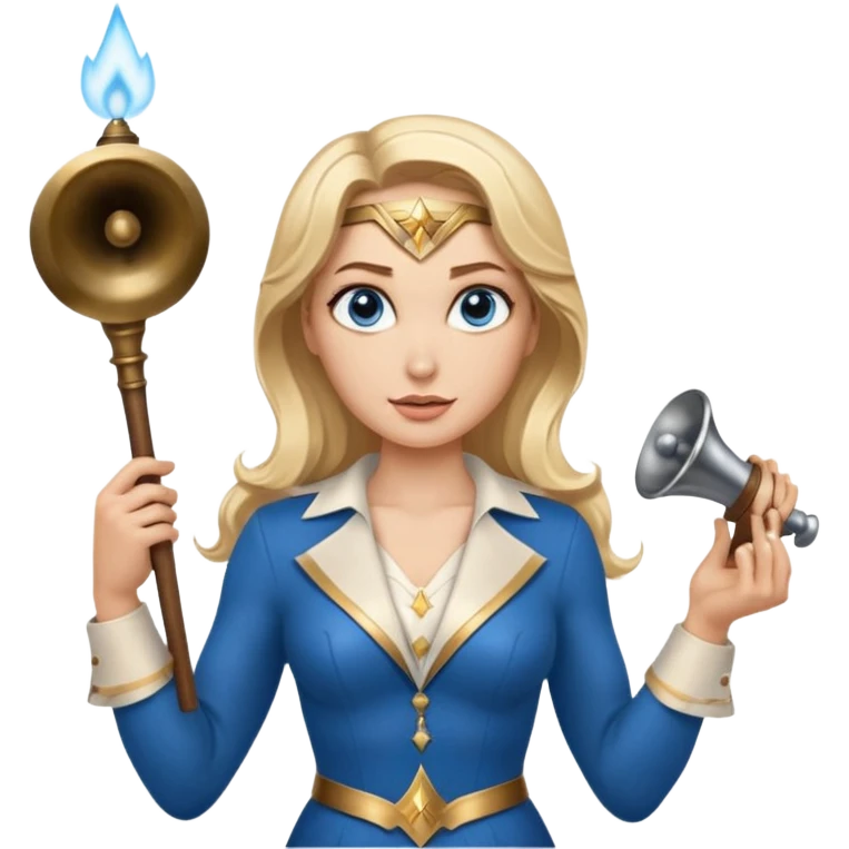 Blonde blue eyes Wonder Woman holding bell and short white orchestra conductor’s baton  emoji