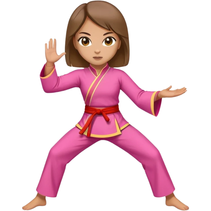 A light skinned woman with brown waist length hair and hazel eyes doing kung fu in a pink outfit emoji