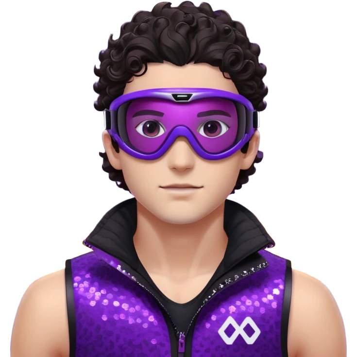 close-up of male athlete with white skin and moderately curly dark brown hair on top with shaved sides, wearing ski goggles with purple frames and very dark black lenses, a simple plain black chain necklace, and a completely unzipped sleeveless vest with purple and black sequin fire pattern design with no logo, frame centered on face and upper chest emoji