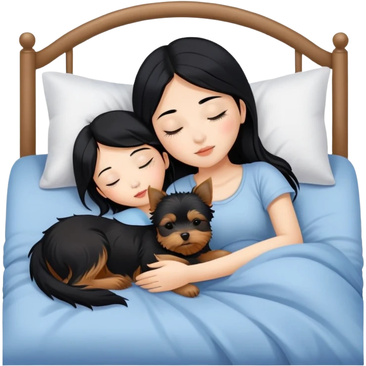 pretty asian girl with black hair sleeping in bed with small yorkshire terrier emoji