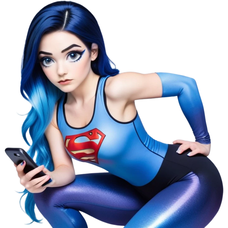 Shameful-head tilted-texting on phone-very very very large upper body-sexy face-bending forward at waist-very long very straight dark blue to light blue ombre hair-and-blue eyes-thick black eyeliner-thick long eyelashes-iridescent blue lowcut tanktop with black leggings with glitter superman logo emoji