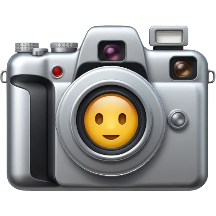 Minimal emoji icon of a modern metalic camera, front view, simple shapes, realistic lens,  emoji