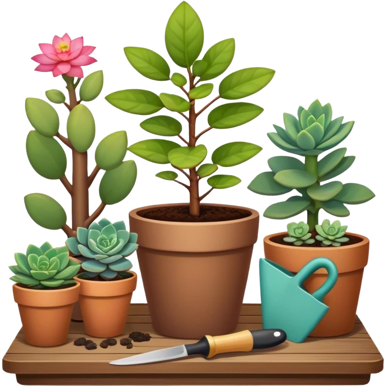 Close-up of a potted sapling with vibrant flowering plants around it, in rich soil. Sunlight filters through the window, casting soft shadows. Cozy indoor garden with blooming flowers, succulents, and gardening tools placed neatly on a wooden table. emoji