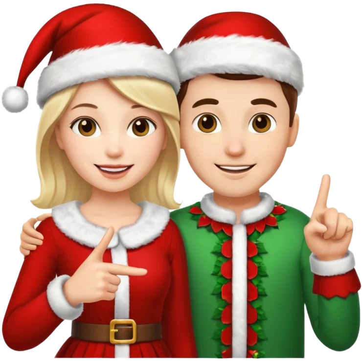 Adult couple wearing Xmas outfit pointing at you emoji