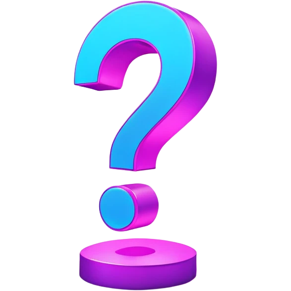 three-dimensional question mark with neon glow effect, blue and purple neon glow on top left, pink neon glow on bottom right emoji