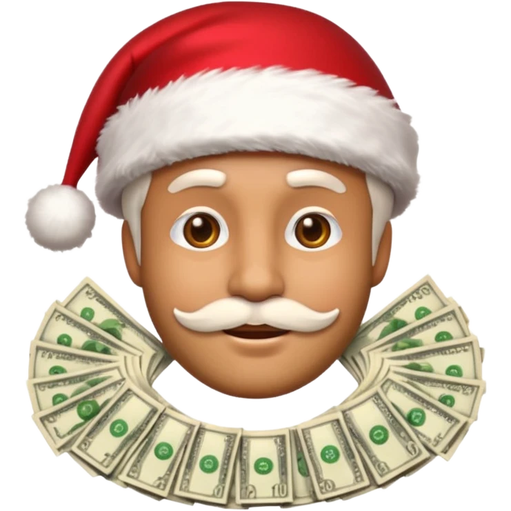 A confident rich emoji face wearing a Santa hat, money stacks, casino vibe, New Year theme, premium 3D emoji style, sharp details, no t emoji