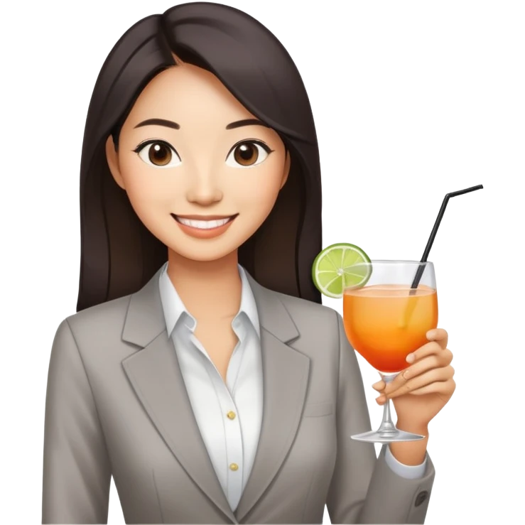 asian women business casual clothing, smiling, holding cocktail glass socializing at a work party emoji