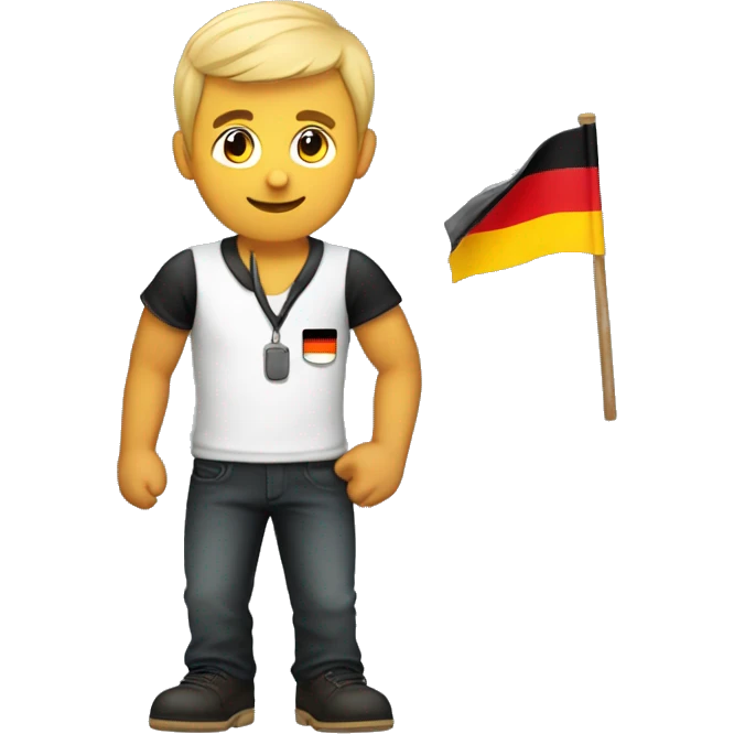 Guy standing at 45 degree angle with German flag on his shirt with his arm diagonally up and he has a mustashe emoji