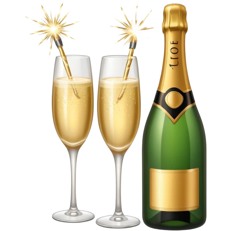 champagne bottle and champagne glasses and champagne sparklers on the bottle emoji