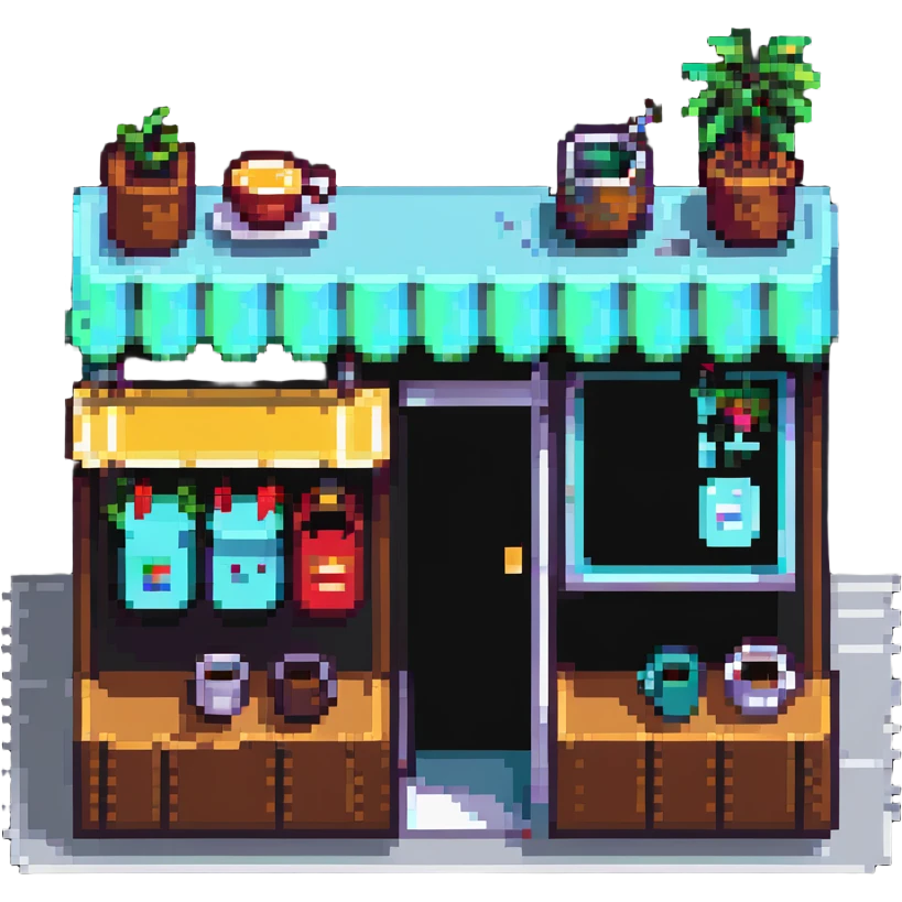 a minimalist cafe storefront, clean lines, pixel art style emoji