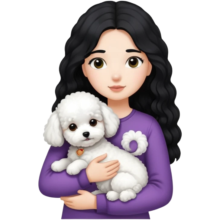 A girl with long straight black hair hugs a white curly-haired Bichon Frise puppy emoji