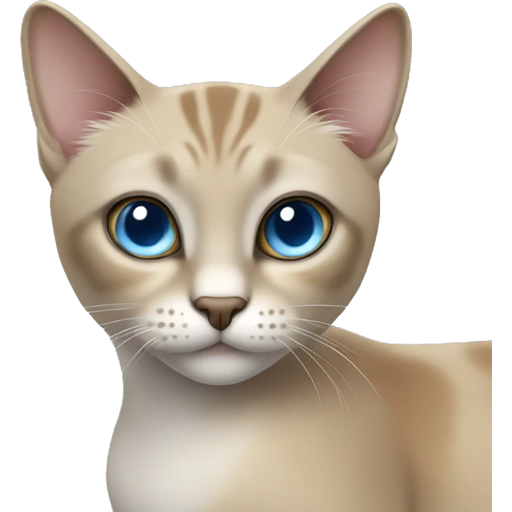 Thai breed adult cat with a light cream-brown body, dark gray nose and face, ears, and paws. sharp ears, and striking light blue eyes  emoji