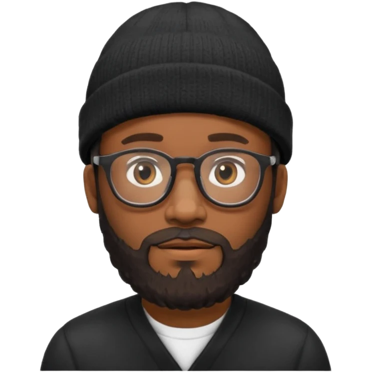 A black man wearing glasses, with a full beard, wearing a black beanie. emoji