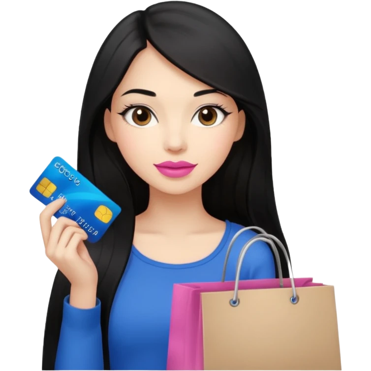 Girl with long black hair, pink lipstick, brown eyes holding shopping bags and blue credit card emoji
